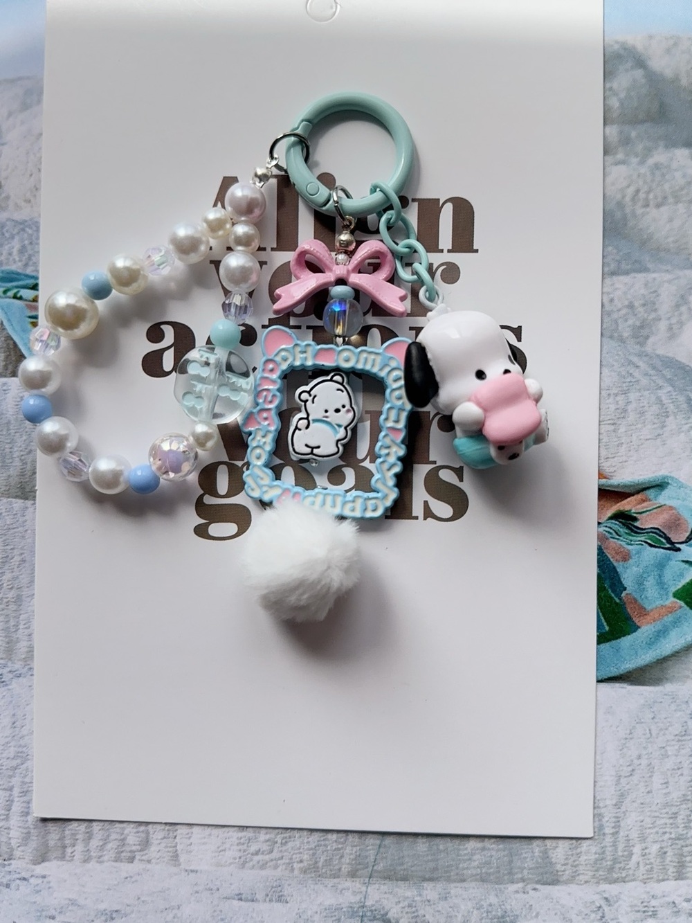Cute Pochacco and Bead Keychain - Blue/Pink